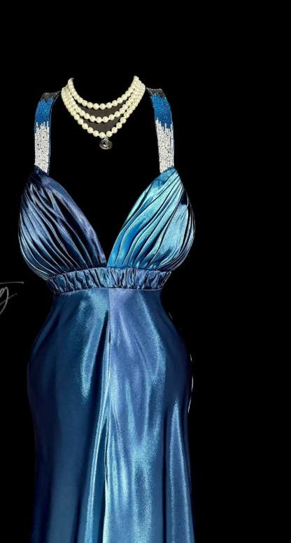 Schickes blaues Abendkleid, Etuikleid aus Satin, langes Ballkleid DP07699