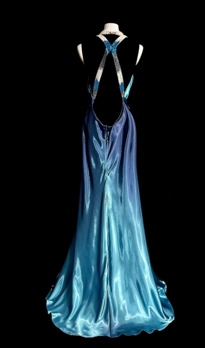 Schickes blaues Abendkleid, Etuikleid aus Satin, langes Ballkleid DP07699