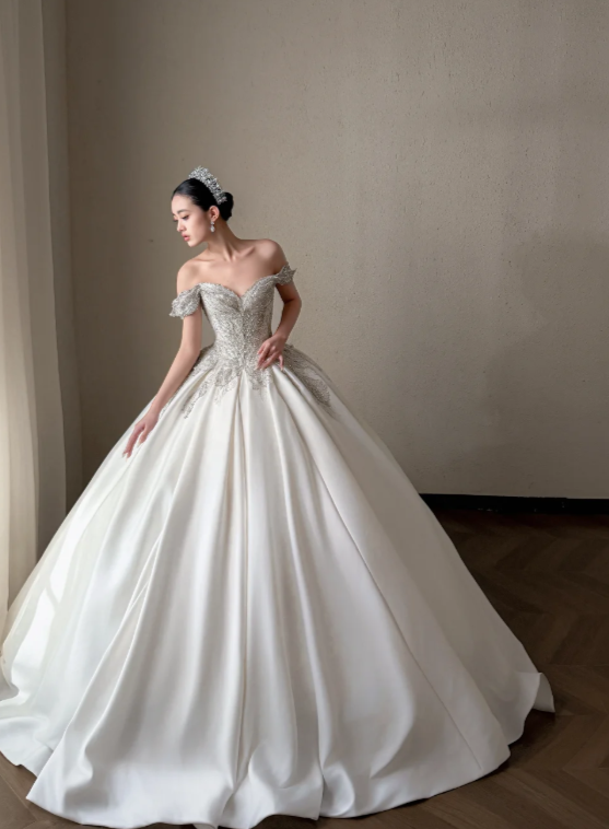 Classy White Bridal Dress A-Line Wedding Dress Satin Bridal Gown DP07718