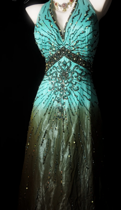 Chic Blue Prom Dress Sheath Satin Beaded Long Evening Dress DP07736