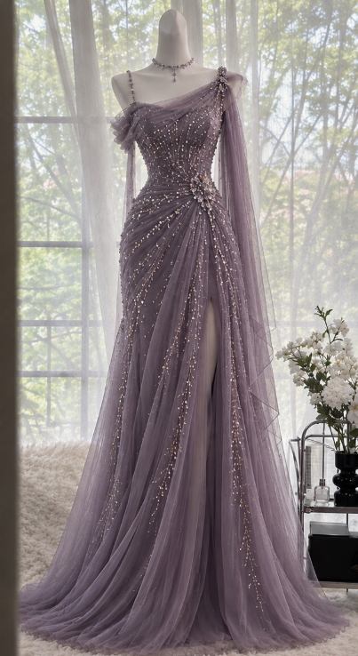 Schickes, staubig-violettes Ballkleid, Etuikleid aus Tüll, langes Abendkleid DP07744