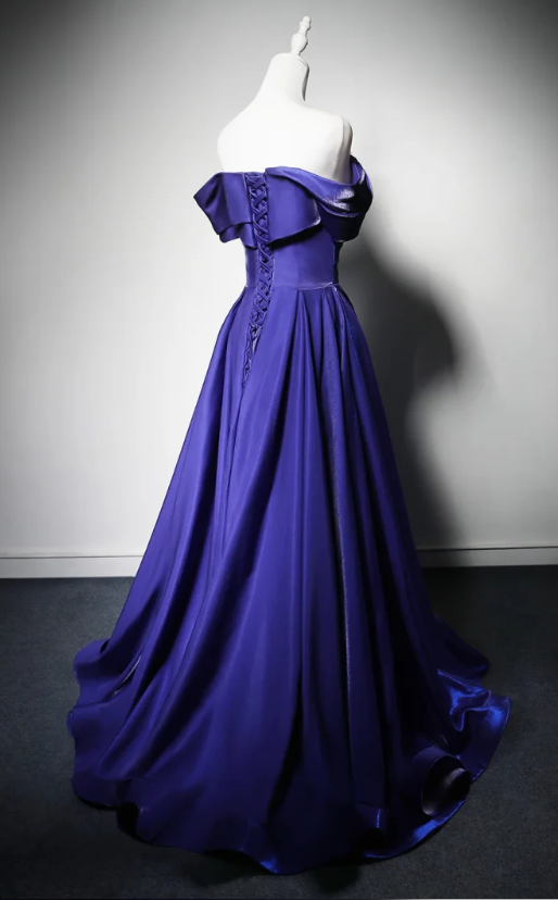 Chic Purple Off-shoulder Prom Dress A-Line Satin Long Evening Dress DP07747