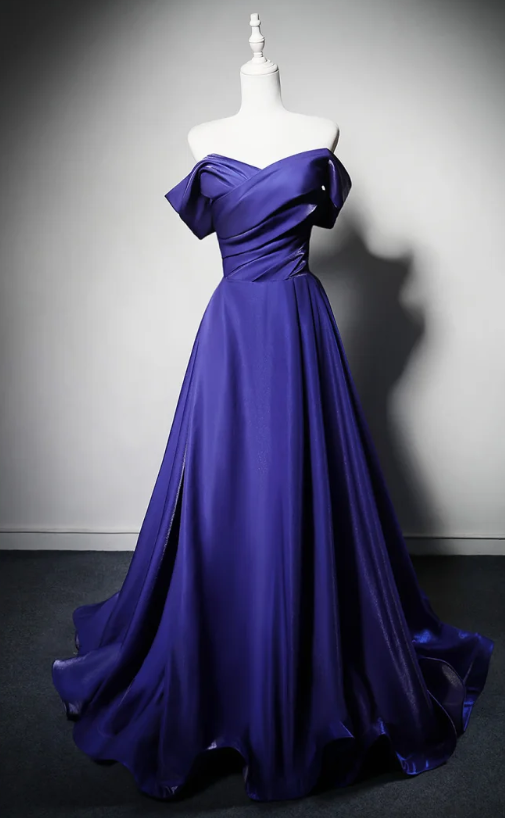 Schickes violettes schulterfreies A-Linien-Abschlussballkleid, langes Abendkleid aus Satin DP07747