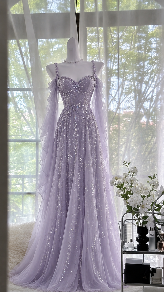 Schickes hellviolettes Abschlussballkleid A-Linie Chiffon langes Abendkleid DP07749
