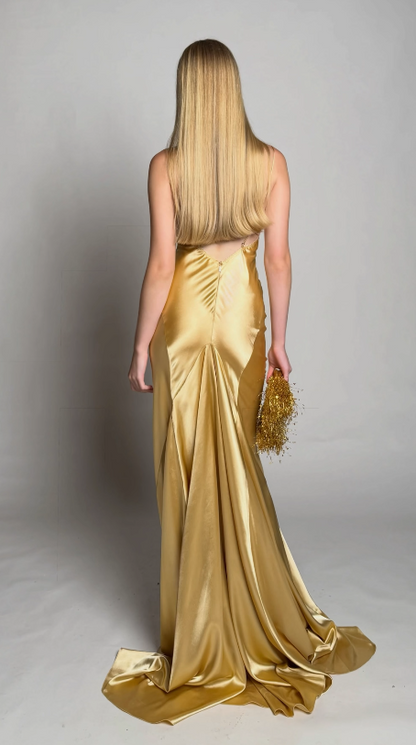 Wunderschönes goldenes Abschlussballkleid Etuikleid aus Satin langes Abendkleid DP07761