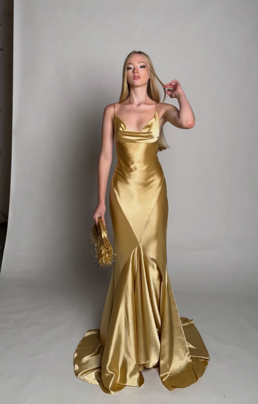 Wunderschönes goldenes Abschlussballkleid Etuikleid aus Satin langes Abendkleid DP07761