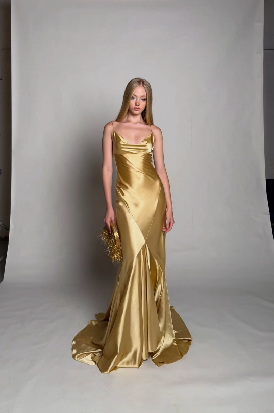 Wunderschönes goldenes Abschlussballkleid Etuikleid aus Satin langes Abendkleid DP07761
