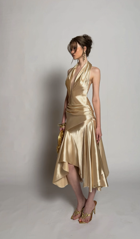 Gorgeous Gold Prom Dress Sheath Satin Long Evening Dress DP07762
