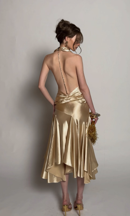 Gorgeous Gold Prom Dress Sheath Satin Long Evening Dress DP07762