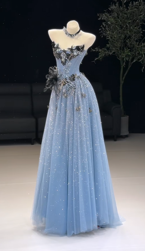 Wunderschönes marineblaues A-Linien-Abendkleid aus Tüll, lang DP07765