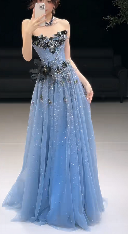 Wunderschönes marineblaues A-Linien-Abendkleid aus Tüll, lang DP07765