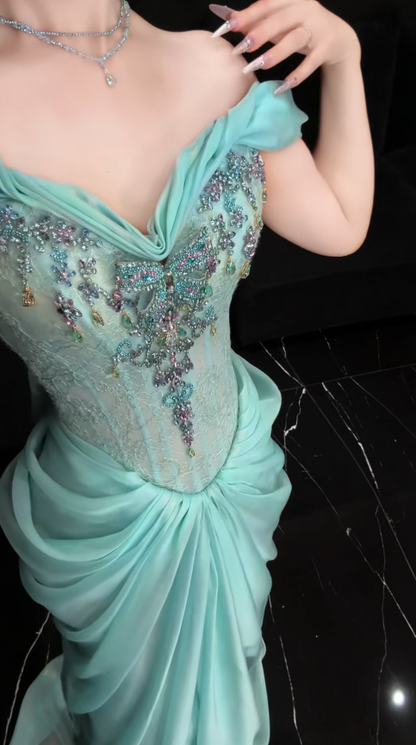 Robe de bal fourreau longue en mousseline bleu Tiffany DP07768