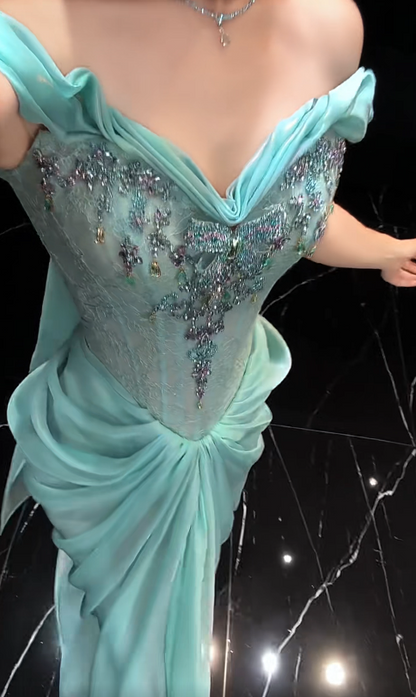 Robe de bal fourreau longue en mousseline bleu Tiffany DP07768