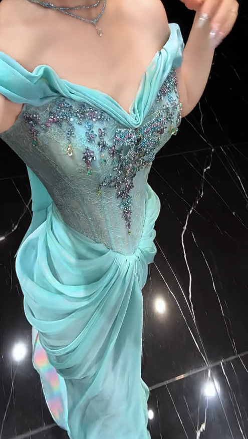 Robe de bal fourreau longue en mousseline bleu Tiffany DP07768