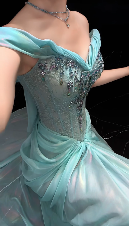 Robe de bal fourreau longue en mousseline bleu Tiffany DP07768