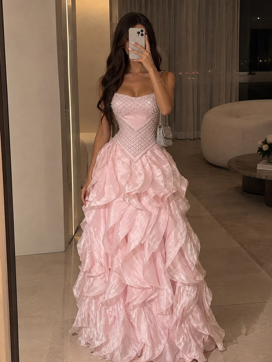 Glamouröses pinkes A-Linien-Abendkleid aus Chiffon, lang, DP07798