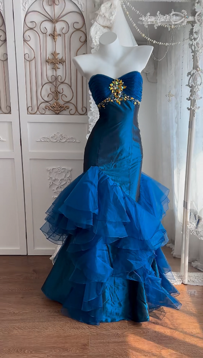 Glam Blue Prom Dress Sheath Satin Long Evening Dress DP07803