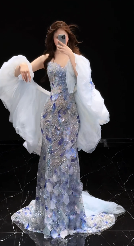 Glam Blue Prom Dress Sheath Tulle Beaded  Long Evening Dress DP07804