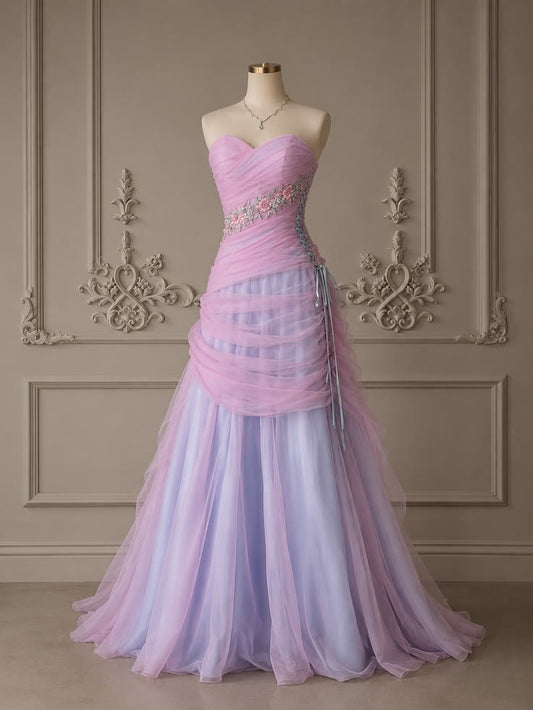 Schickes langes rosa Abendkleid aus Tüll in Etui-Passform DP07810