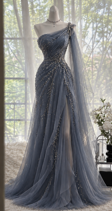Schickes altblaues langes Abendkleid aus Chiffon, figurbetont, mit Perlenbesatz DP07811