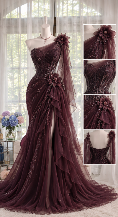 Chic Burgundy Long Prom Dress Sheath Chiffon Beaded Evening Dress DP07812