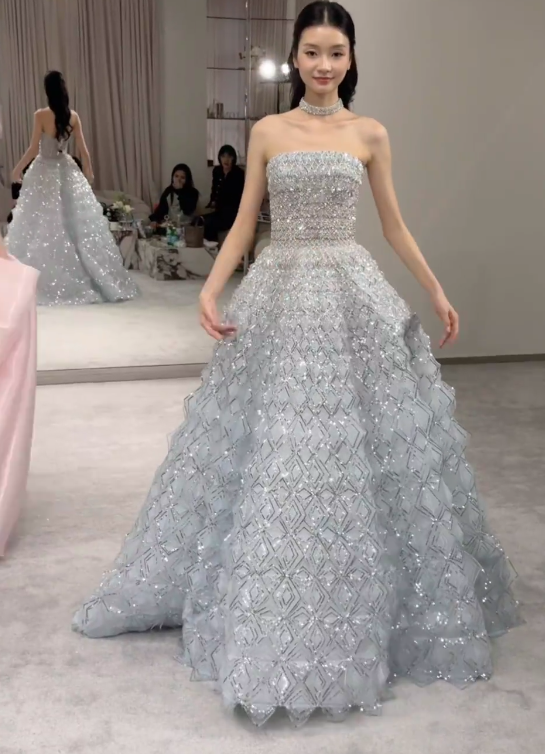 Chic Blue Long Prom Dress A-Line Tulle Beaded Evening Dress  DP07825