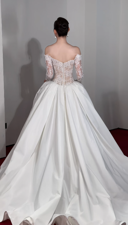 Eternal Off-shoulder A-Line Wedding Dress White Satin Bridal Dress ED07840
