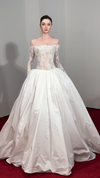 Eternal Off-shoulder A-Line Wedding Dress White Satin Bridal Dress ED07840