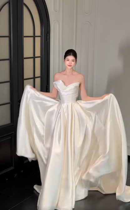 Eternal Strapless A-Line Wedding Dress White Satin Bridal Dress ED07841