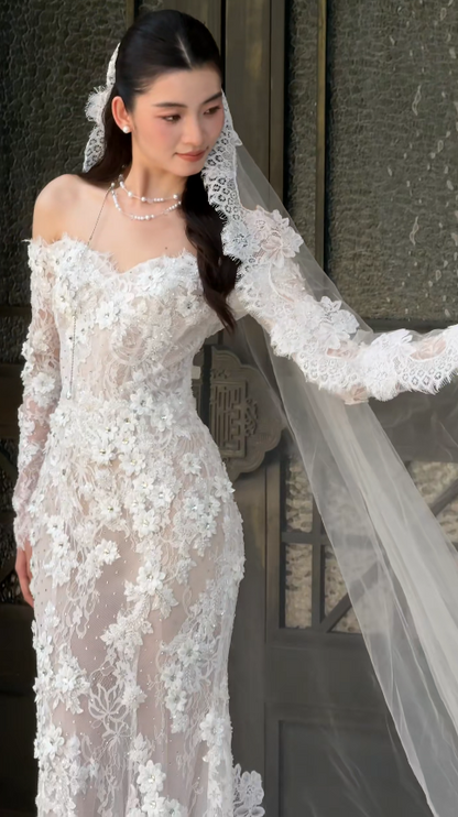 Eternal Off-shoulder Mermaid Wedding Dress White Lace Appliques Bridal Dress ED07842