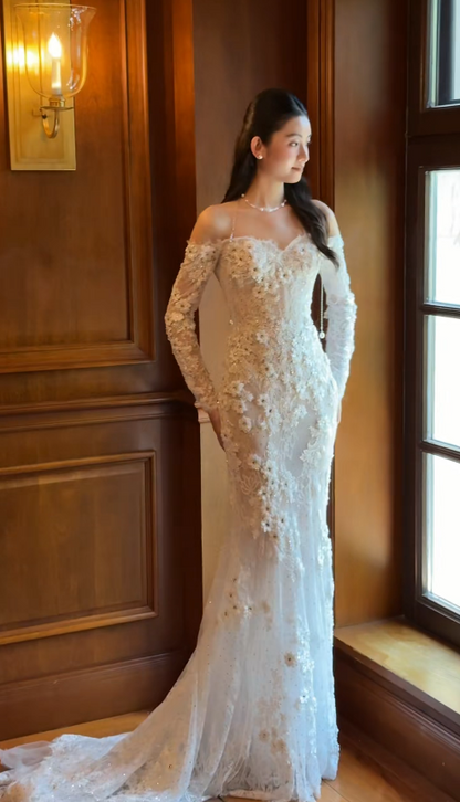 Eternal Off-shoulder Mermaid Wedding Dress White Lace Appliques Bridal Dress ED07842