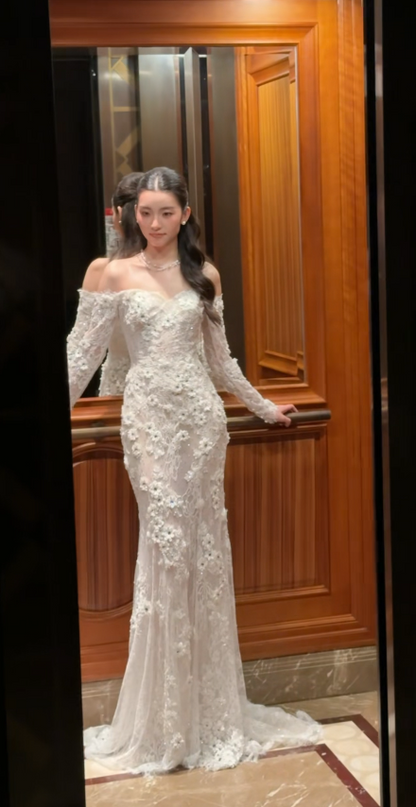 Eternal Off-shoulder Mermaid Wedding Dress White Lace Appliques Bridal Dress ED07842