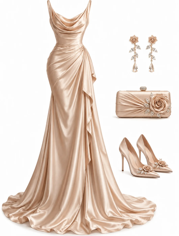 Gorgeous Straps Sheath Long Evening Dress Satin Champagne Gold Prom Dress DP07849