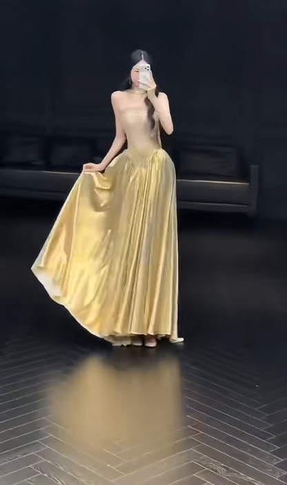 Chic Gold Prom Dress Sheath Satin Long Evening Dress DP07851