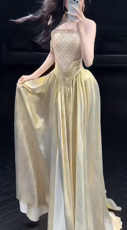Chic Gold Prom Dress Sheath Satin Long Evening Dress DP07851