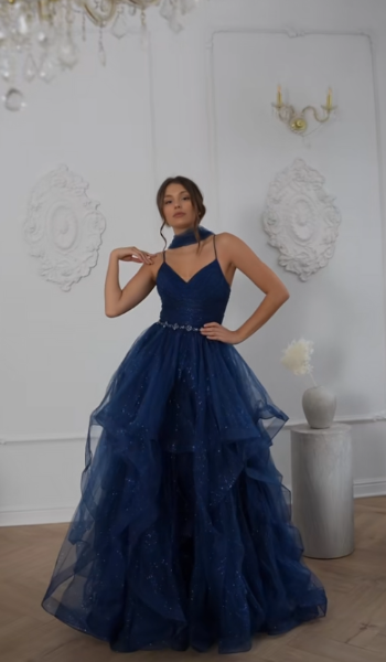Chic Blue Prom Dress A-Line Tulle Long Evening Dress DP07853