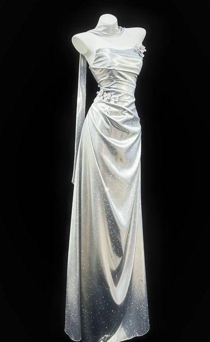Chic Silver Prom Dress Sheath Satin Long Evening Dress DP07860
