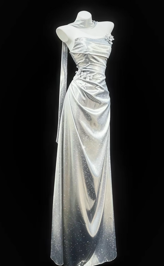 Chic Silver Prom Dress Sheath Satin Long Evening Dress DP07860