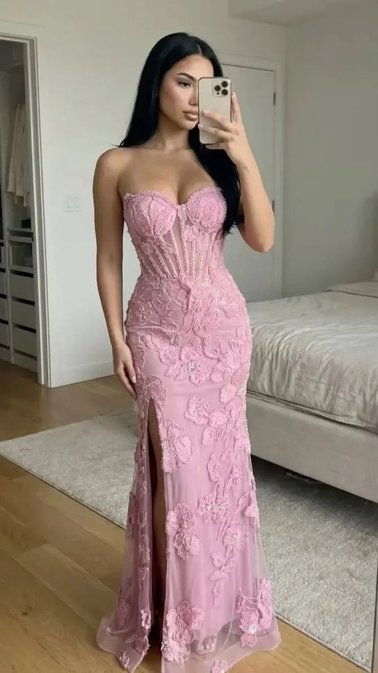 Chic Pink Prom Dress Sheath Chiffon Beaded Long Evening Dress DP07862