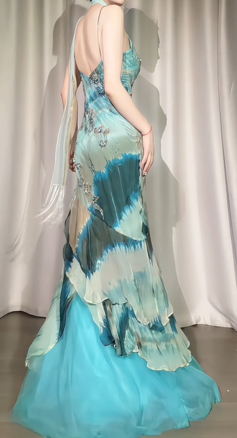 Chic Blue Prom Dress Sheath Chiffon Beaded Long Evening Dress DP07866