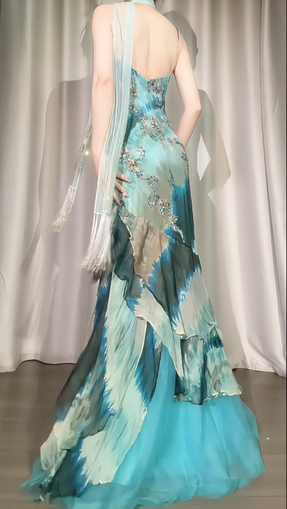 Chic Blue Prom Dress Sheath Chiffon Beaded Long Evening Dress DP07866