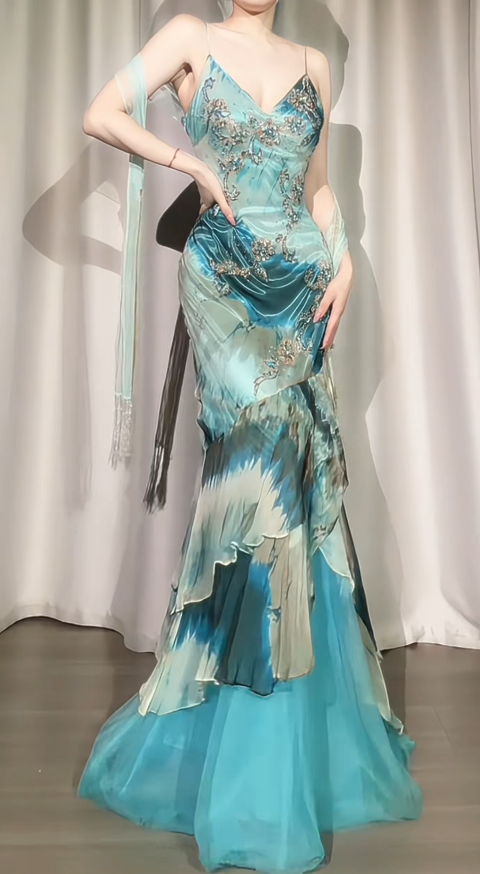 Chic Blue Prom Dress Sheath Chiffon Beaded Long Evening Dress DP07866