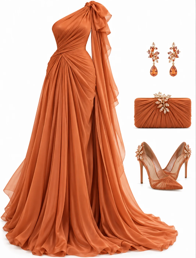 Chic Orange Prom Dress Sheath Chiffon Long Evening Dress DP07871