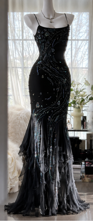 Chic Black Prom Dress Sheath Chiffon Beaded Long Evening Dress DP07881