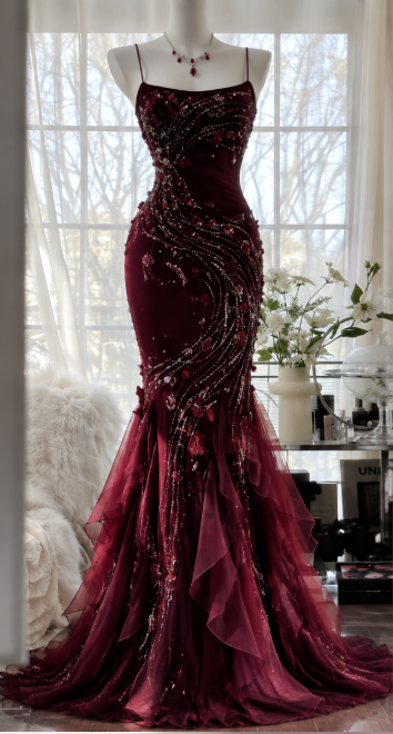 Chic Burgundy Prom Dress Sheath Chiffon Beaded Long Evening Dress DP07884