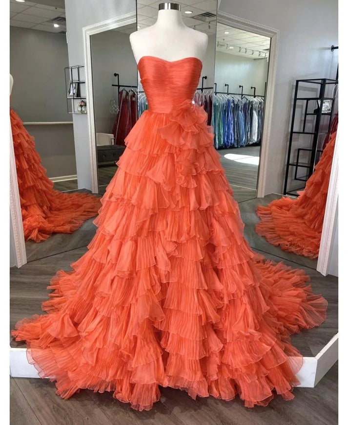Chic Coral Prom Dress A-Line Tulle Long Evening Dress DP07886