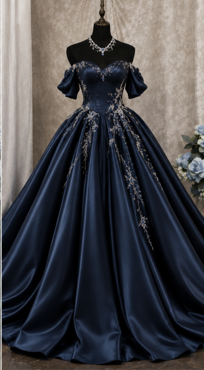Chic Navy Blue Prom Dress A-Line Satin Beaded Long Evening Dress DP07889