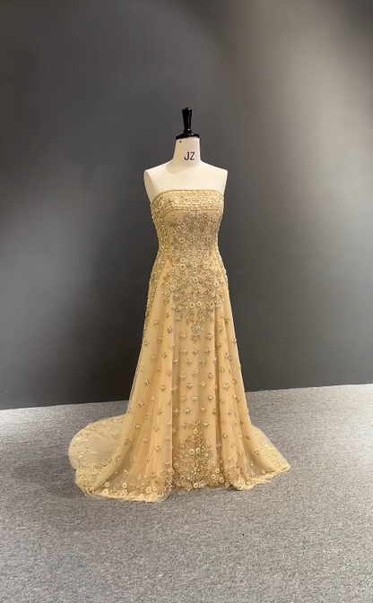 Pretty Gold Prom Dress Sheath Chiffon Beaded Long Evening Dress DP07894