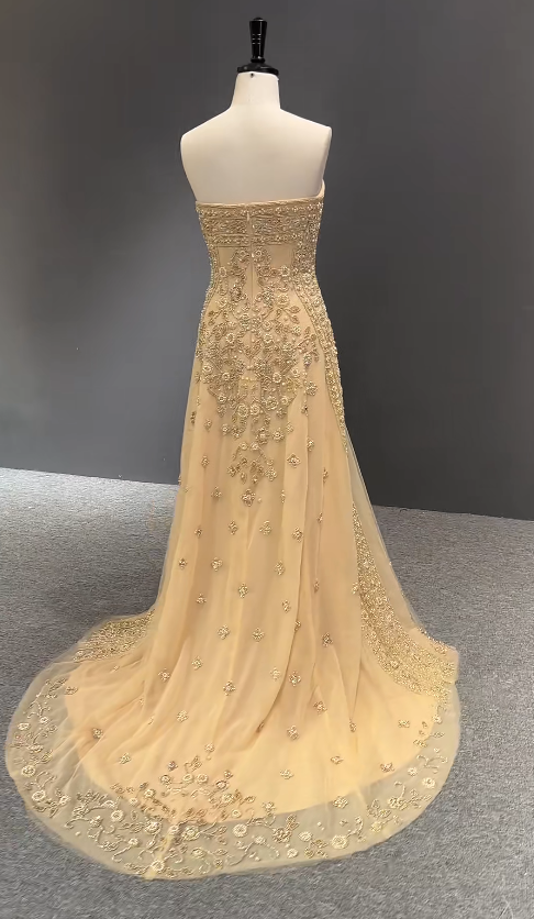 Pretty Gold Prom Dress Sheath Chiffon Beaded Long Evening Dress DP07894