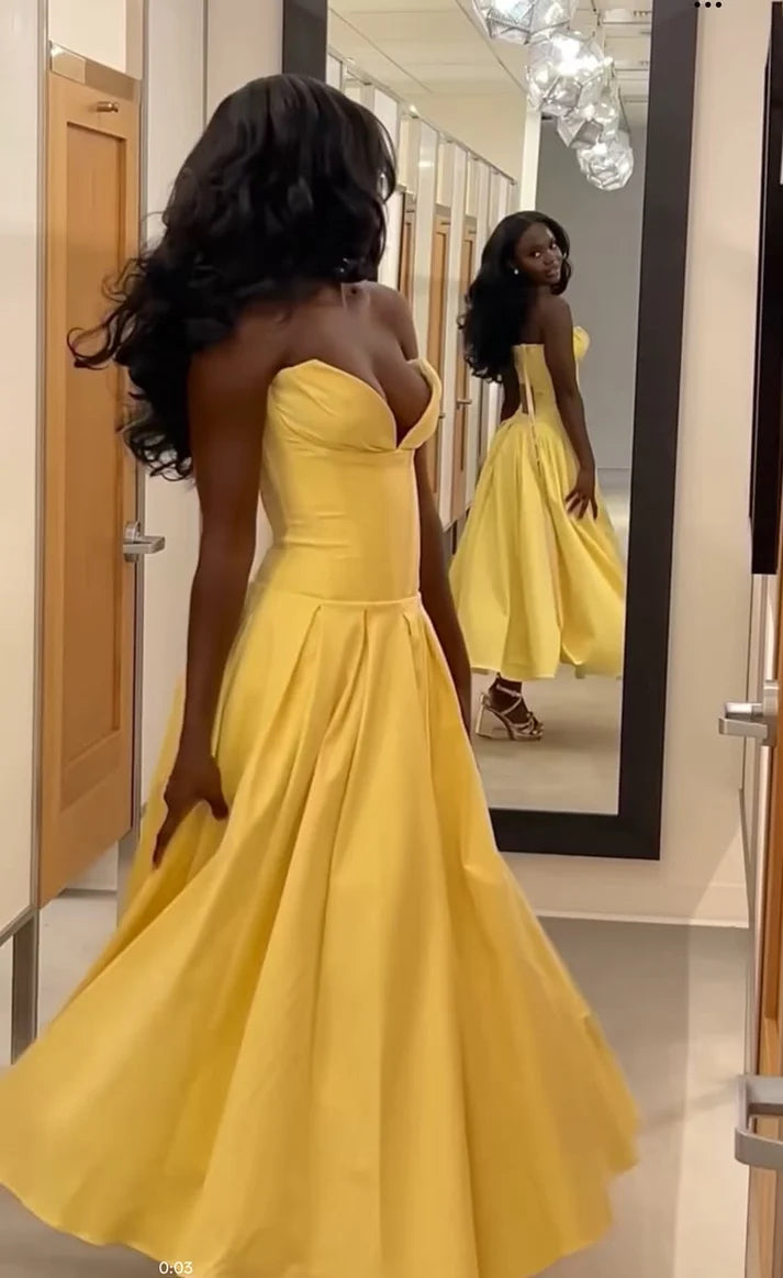 Pretty Yellow Prom Dress A-Line Satin Long Evening Dress  DP07900